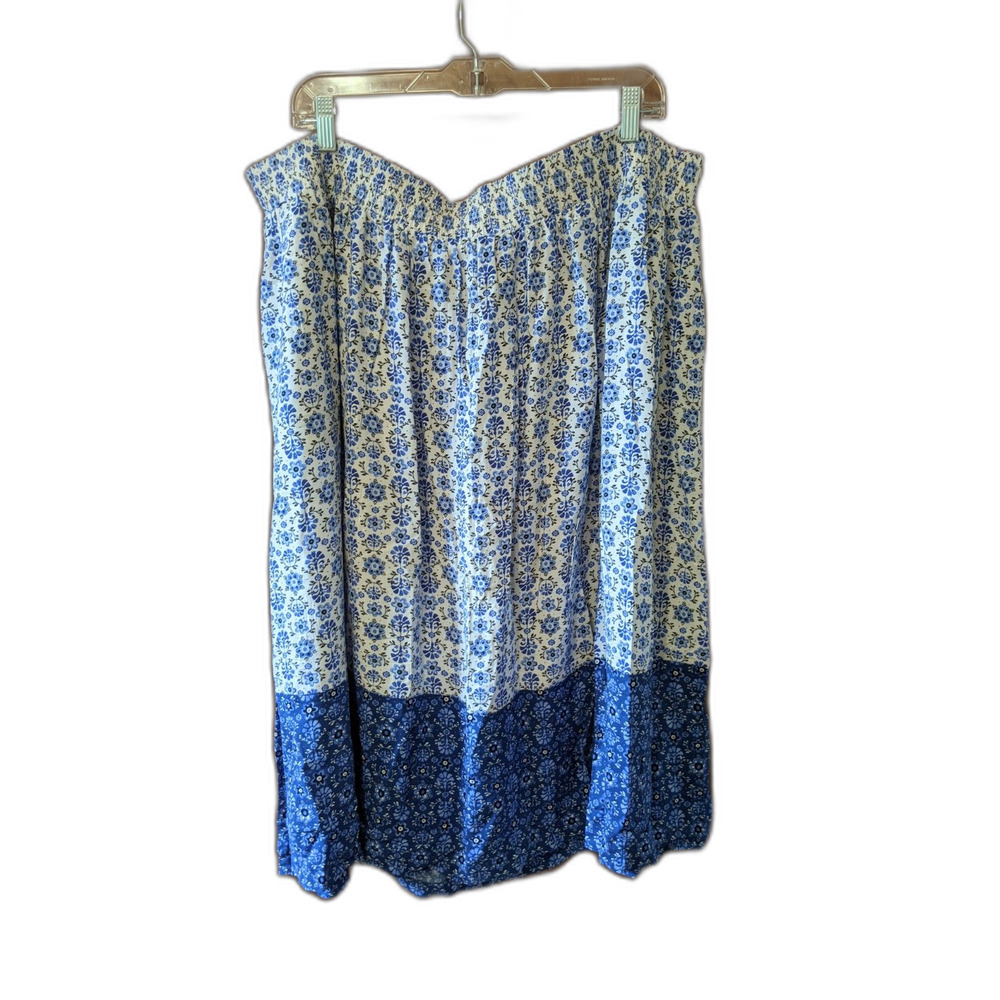 Blue & White Peasant Skirt Floral Pockets Elastic Waist Cottagecore Boho Size 2X